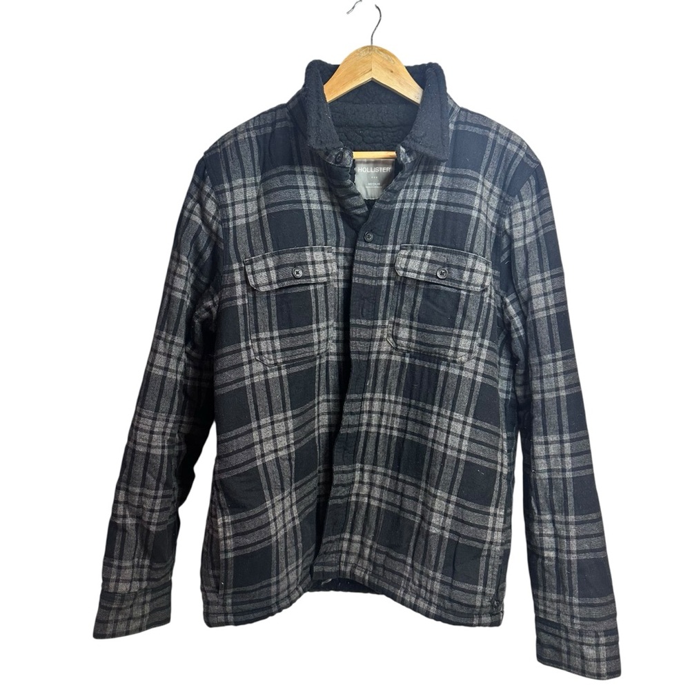 Hollister Plaid Flannel Jacket Full-Fleece‎ Lining Black  Gray White Size Medium